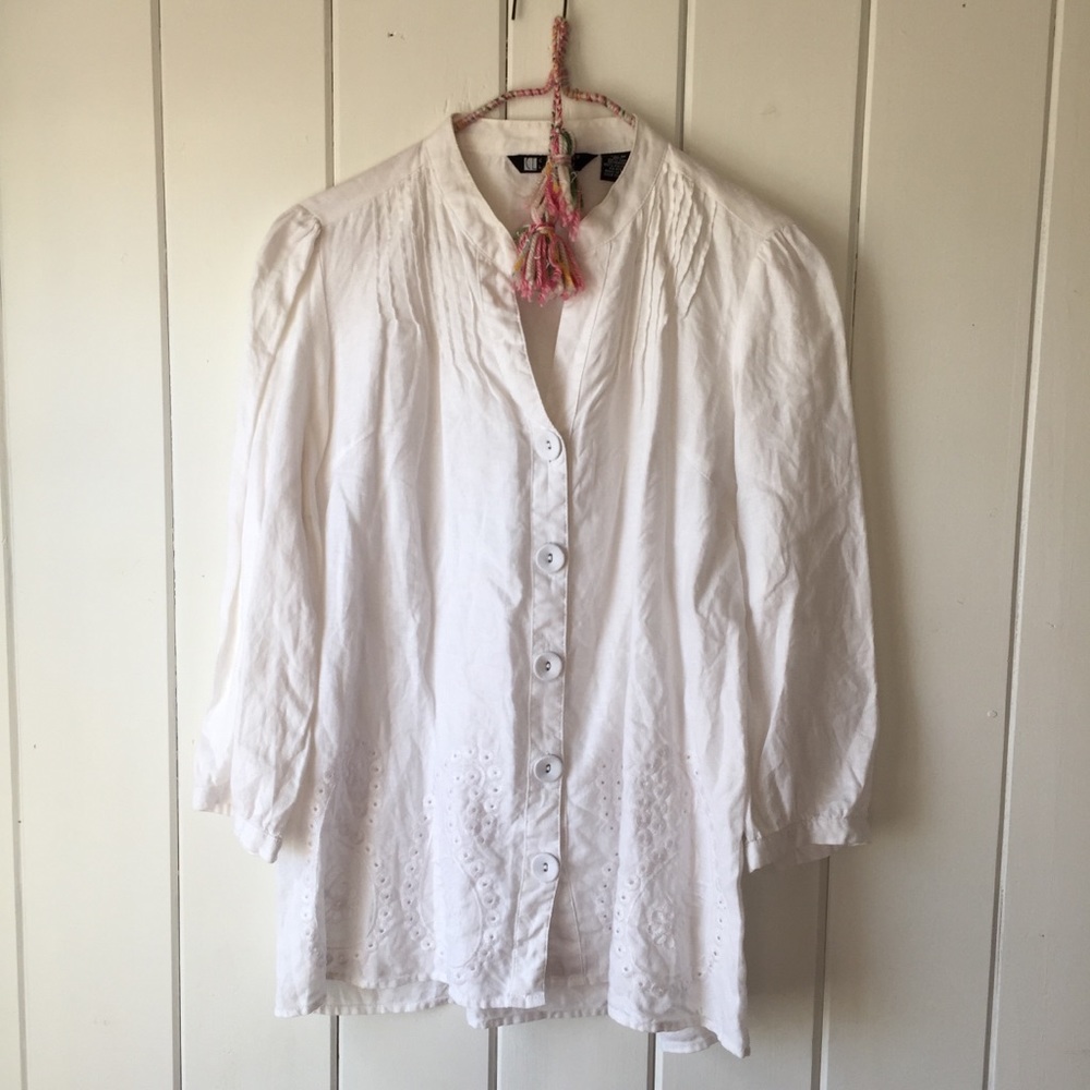 100% Linen White Eyelet Button Down Tunic Blouse M